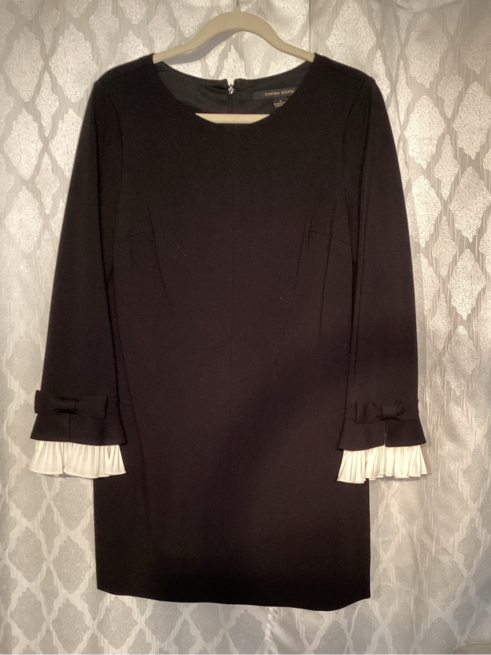 Cynthia Steffe Black Shift Dress with White Pleated Cuffs